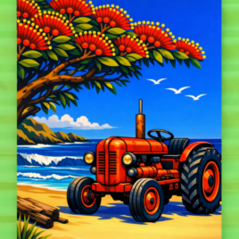Vintage Tractor by the Sea – Coastal NZ Art on Green