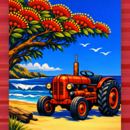 Vintage Tractor by the Sea – Coastal NZ Art on Red