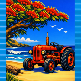 Vintage Tractor by the Sea – Coastal NZ Art on Blue